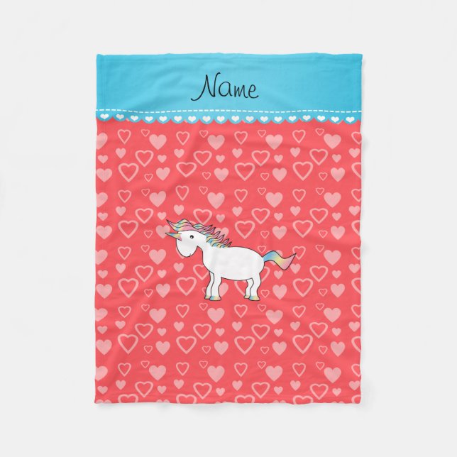 Personalized name unicorn red hearts fleece blanket (Front)