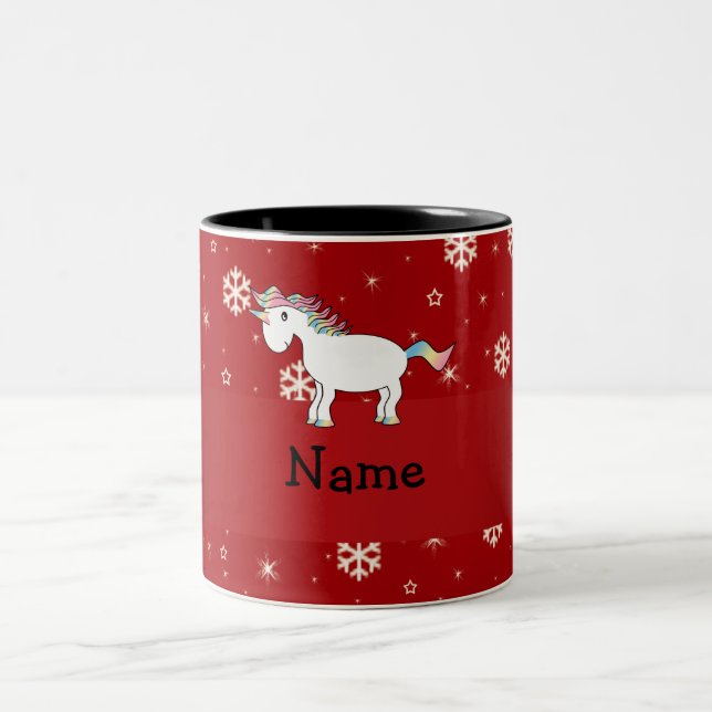 Personalized name unicorn red snowflakes Two-Tone coffee mug (Center)