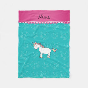 Personalized name unicorn turquoise baby carriage fleece blanket