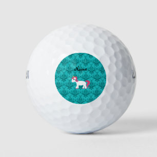 Personalized name unicorn turquoise damask golf balls