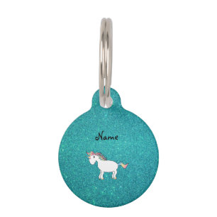 Personalized name unicorn turquoise glitter pet tag
