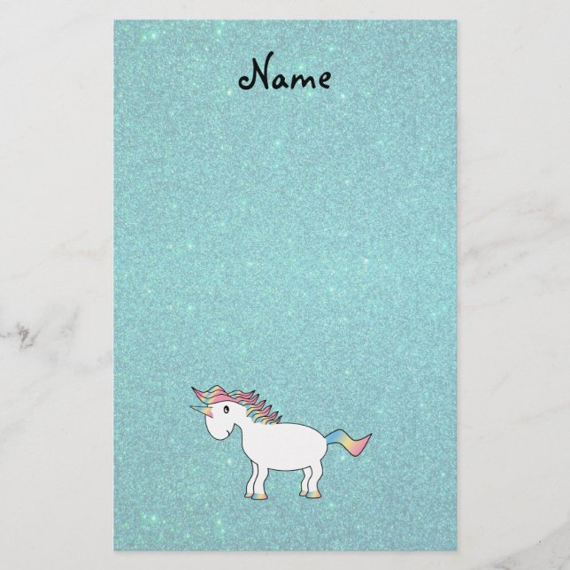 Personalized name unicorn turquoise glitter stationery (Front)