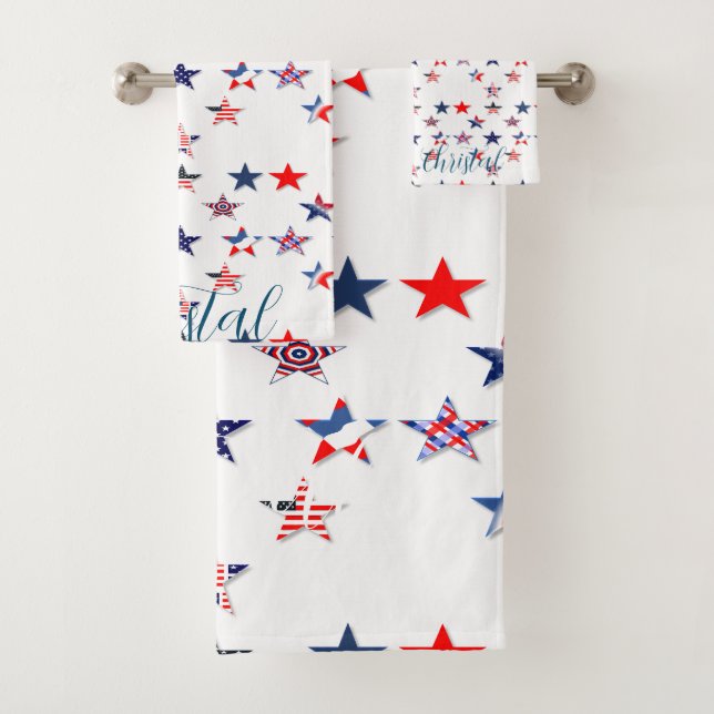 Personalized name USA flag star 4th july Bath Towel Set (Insitu)