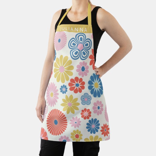 Personalized Name Vibrant Retro Floral Summer Boho Apron (Insitu)