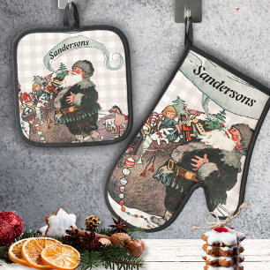 Personalized Name Vintage Santa St. Nick Xmas Oven Mitt & Pot Holder Set