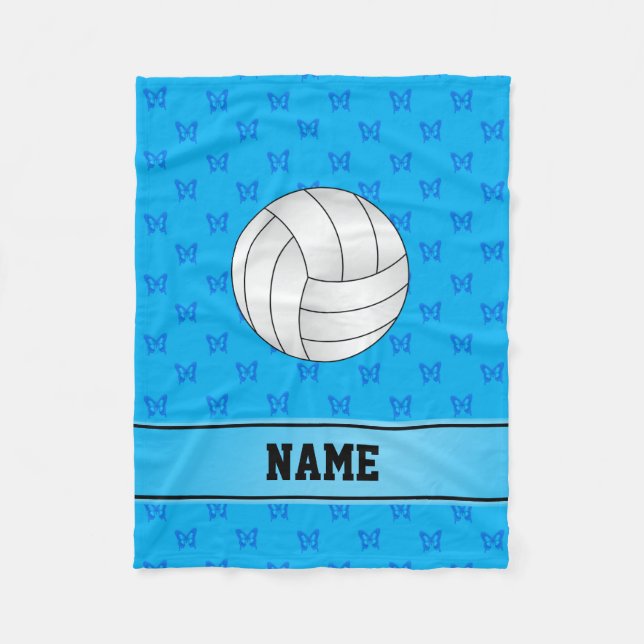 Personalized name volleyball blue butterflies fleece blanket (Front)