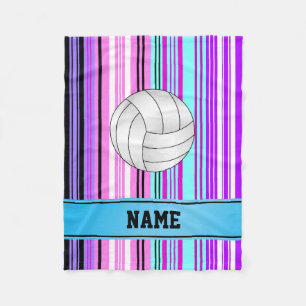 Personalized name volleyball pink purple stripes fleece blanket