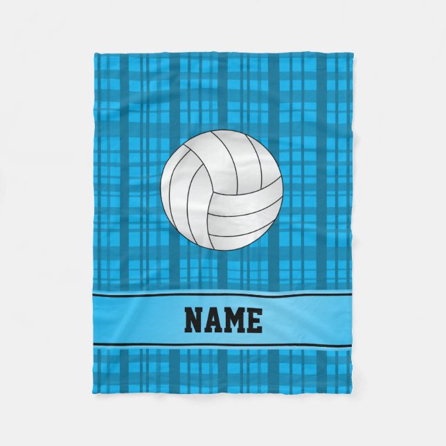 Personalized name volleyball sky blue plaid fleece blanket (Front)