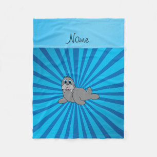 Personalized name walrus blue sunburst fleece blanket