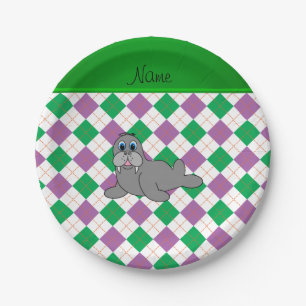 Personalized name walrus green purple argyle paper plate