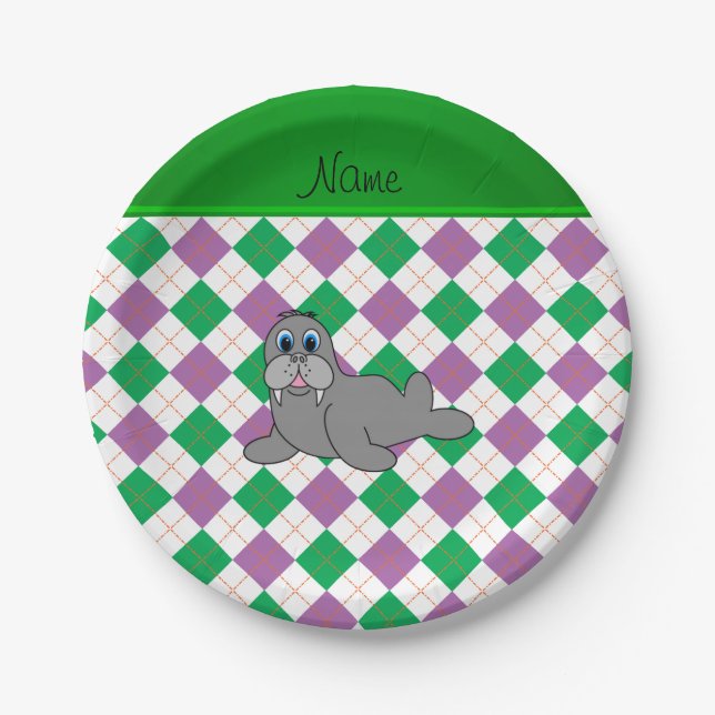 Personalized name walrus green purple argyle paper plate (Front)