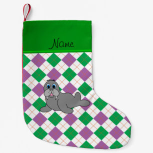 Personalized name walrus green purple argyle small christmas stocking
