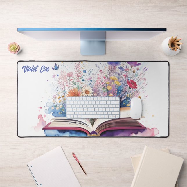 Personalized Name Watercolor Book and Flowers Desk Mat (Office 1)
