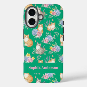 Personalized Name Watercolor Cats and Flowers iPhone 16 Case