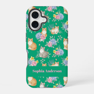 Personalized Name Watercolor Cats and Flowers iPhone 16 Case