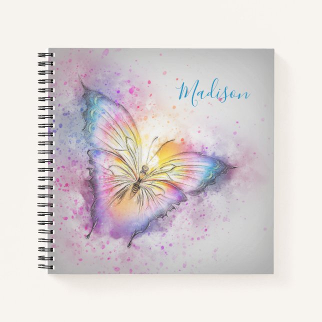 Personalized Name Watercolor Colourful Butterfly Notebook (Front)