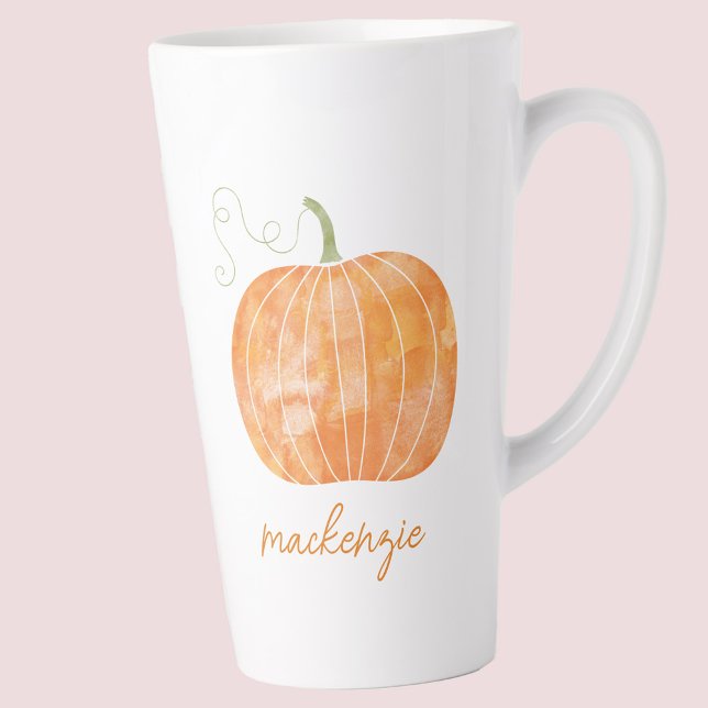 Personalized Name Watercolor Pumpkin Autumn Fall Latte Mug (Modern script font personalized custom name watercolor pumpkin autumn fall Thanksgiving latte mug )