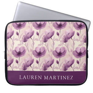 Personalized Name Watercolor Purple Floral Pattern Laptop Sleeve