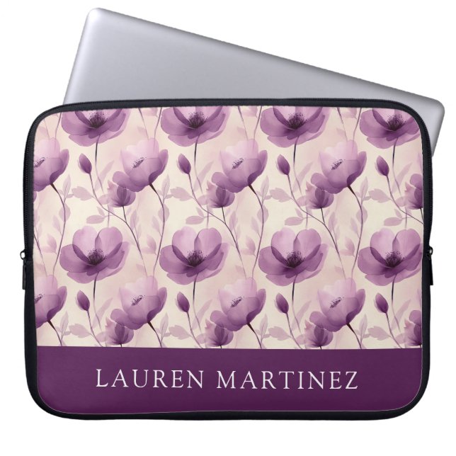 Personalized Name Watercolor Purple Floral Pattern Laptop Sleeve (Front)