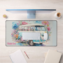 Personalized Name Watercolor Retro Bus Flowers