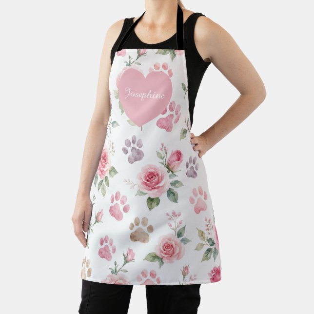 Personalized Name Watercolor Rose & Paw Print  Apron (Insitu)