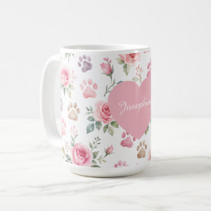Personalized Name Watercolor Rose & Paw Print Coffee Mug