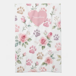 Personalized Name Watercolor Rose & Paw Print Kitchen Towel