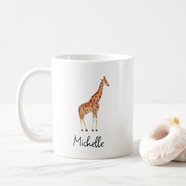 Personalized Name Watercolor Safari Animal Giraffe Coffee Mug (With Donut)