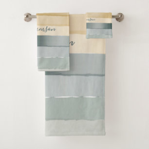 Personalized Name Watercolor Stripes Gradient Boho Bath Towel Set