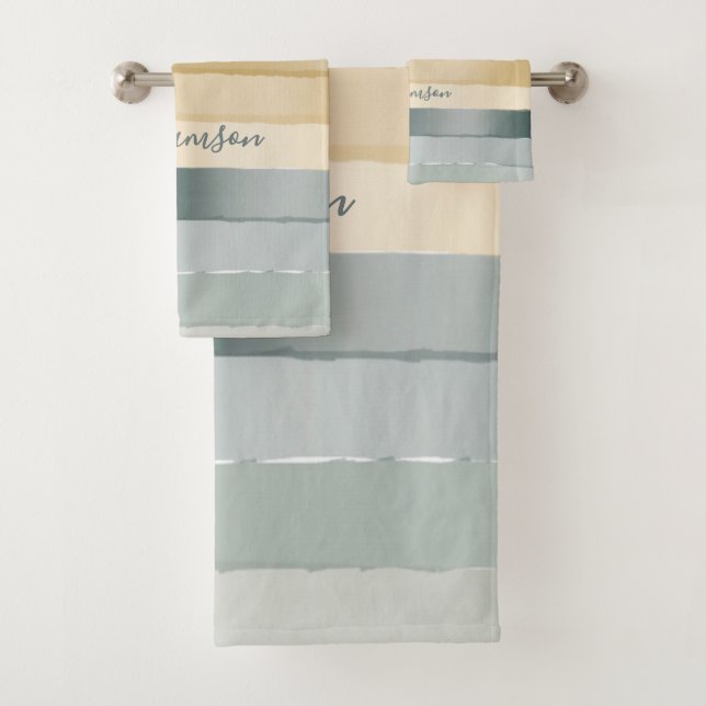 Personalized Name Watercolor Stripes Gradient Boho Bath Towel Set (Insitu)