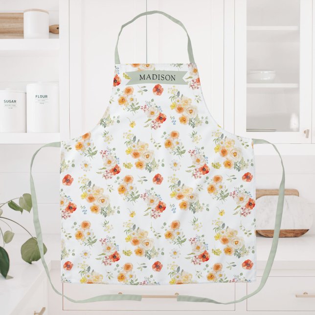 Personalized Name Watercolor Sunny Floral Pattern Apron (Creator Uploaded)