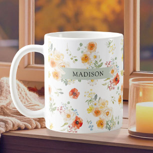 Personalized Name Watercolor Sunny Floral Pattern Coffee Mug
