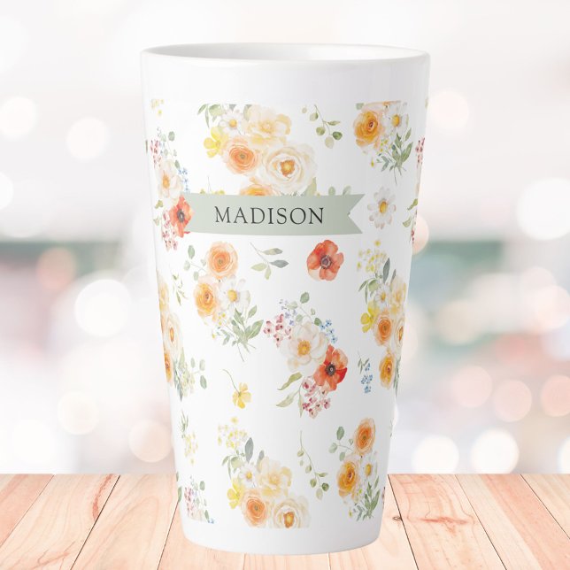 Personalized Name Watercolor Sunny Floral Pattern Latte Mug (Creator Uploaded)