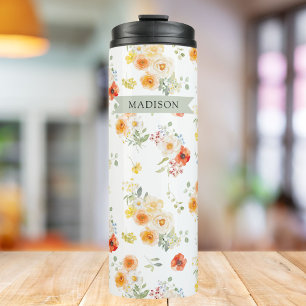Personalized Name Watercolor Sunny Floral Pattern Thermal Tumbler