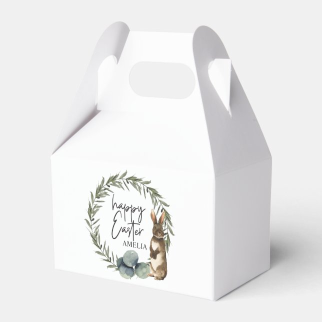 Personalized Name Watercolor Wreath Bunny Easter Favor Box (Front Side)