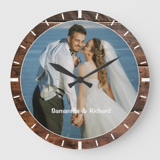 Personalized Name Wedding Photo Rustic Dark Wood   Large Clock (Front)