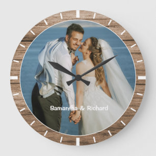 Personalized Name Wedding Photo Rustic Wood Frame Large Clock