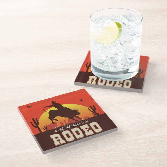 Personalized NAME Western Cowboy Bull Rider Rodeo Glass Coaster (Angled)
