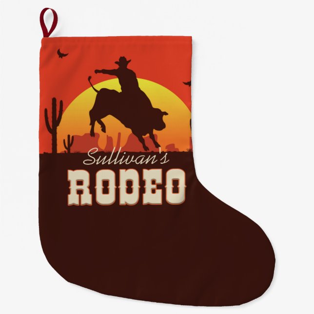 Personalized NAME Western Cowboy Bull Rider Rodeo Large Christmas Stocking (Front)