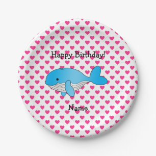 Personalized name whale pink hearts birthday paper plate