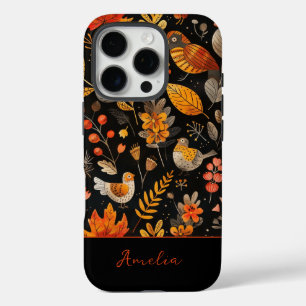 Personalized Name Whimsical Bird and Autumn Leaf iPhone 16 Pro Case