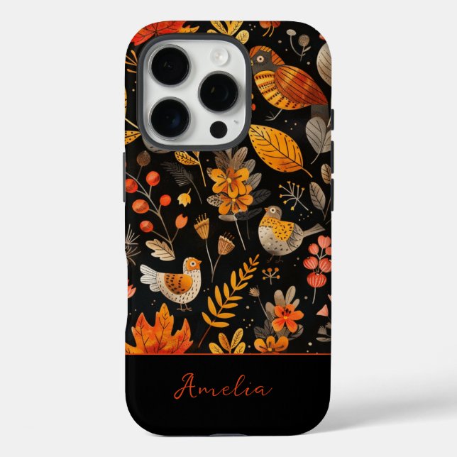 Personalized Name Whimsical Bird and Autumn Leaf Case-Mate iPhone Case (Back)