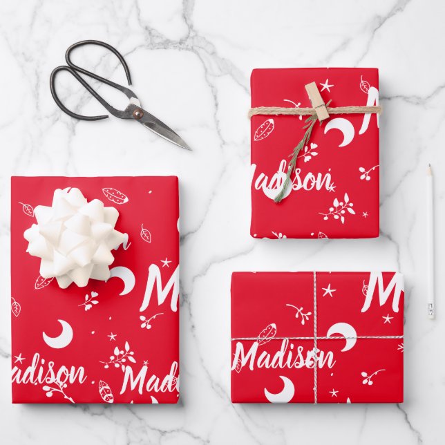 Personalized Name Whimsical Christmas Moon Doodles Wrapping Paper Sheet (Front)