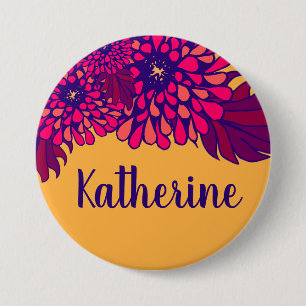 Personalized Name Whimsical Floral Pattern Yellow 3 Inch Round Button