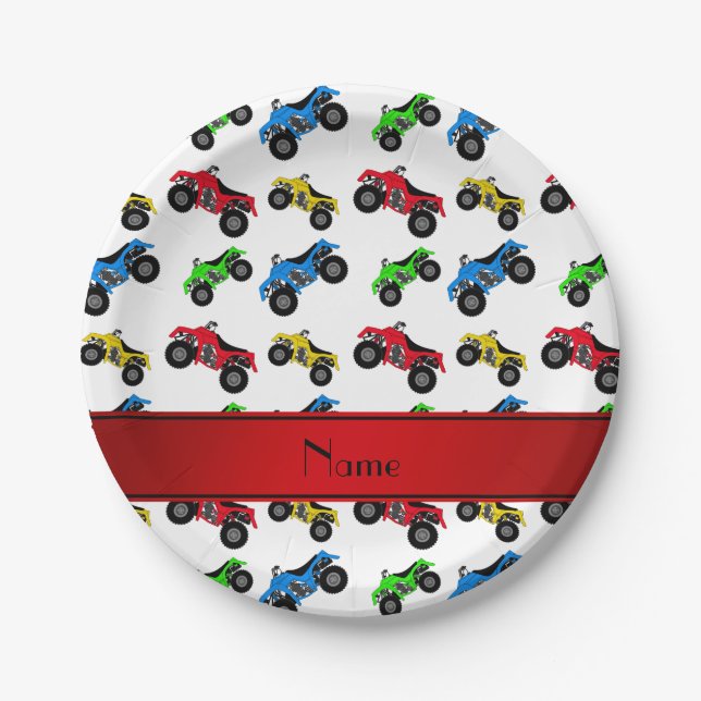 Personalized name white atv pattern paper plate (Front)