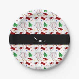 Personalized name white baseball christmas paper plate