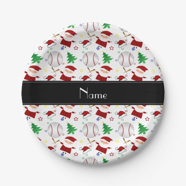 Personalized name white baseball christmas paper plate (Front)