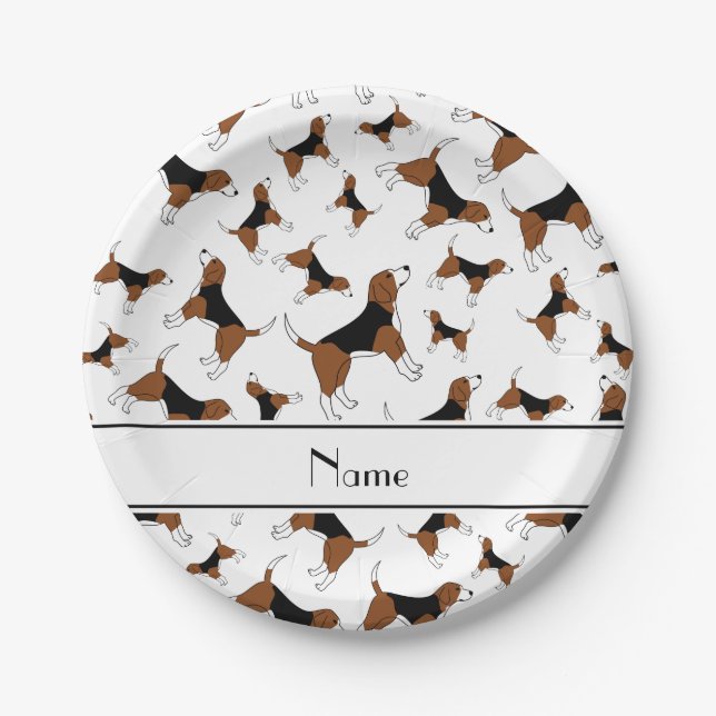 Personalized name white beagle dog pattern paper plate (Front)