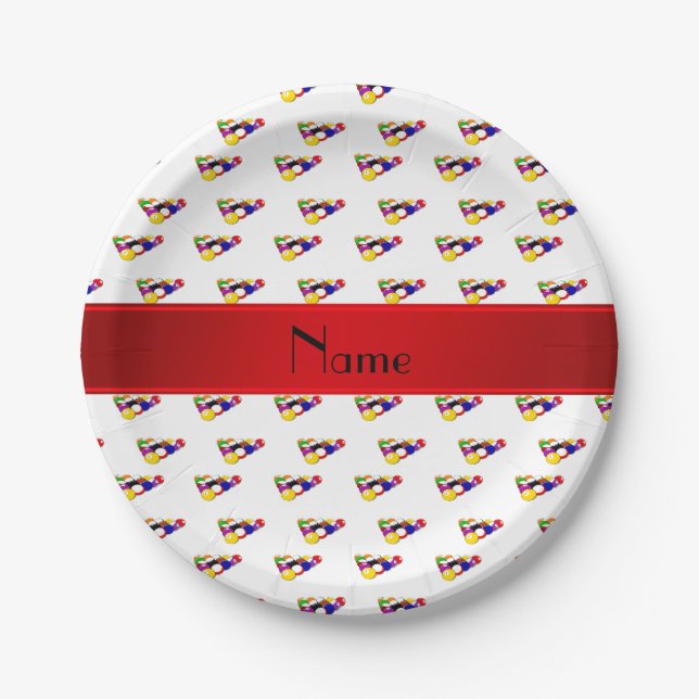 Personalized name white billiard balls red stripe paper plate (Front)