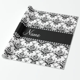 Personalized name white black damask wrapping paper